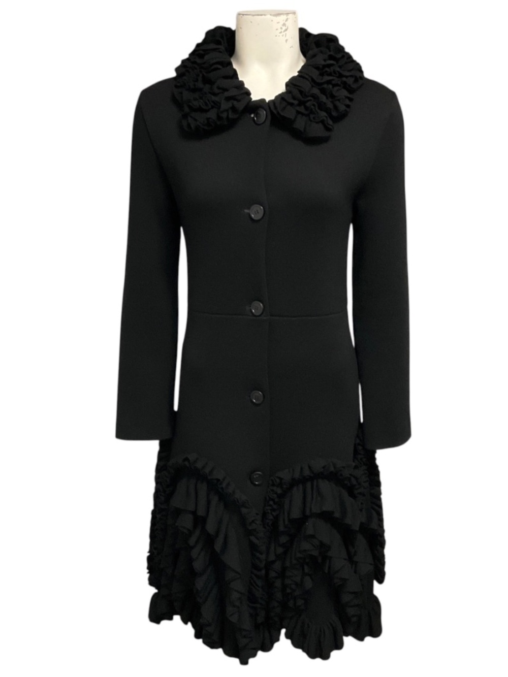 CHRISTIAN DIOR BLACK RUFFLED BUTTON FRONT MID LENGTH WOOL COAT